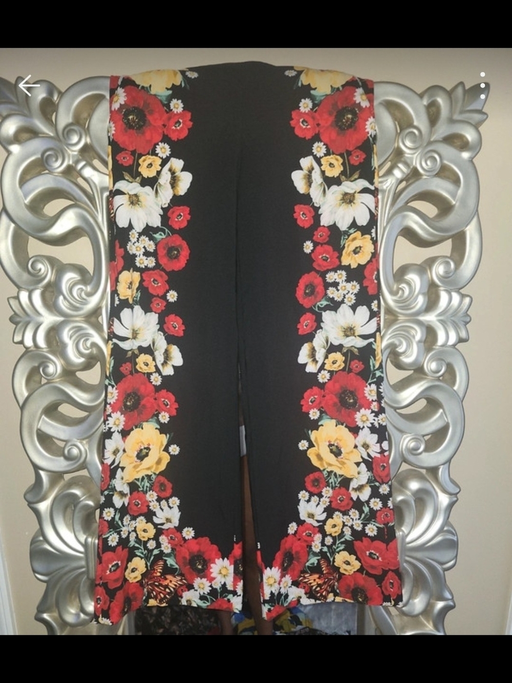 Source Unknown Black Wide-Leg Trousers with Red, Yellow & White Floral Trim